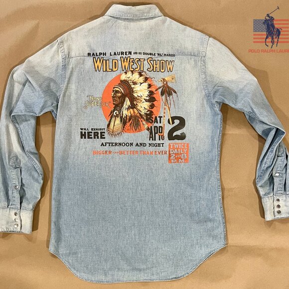 Polo Ralph Lauren Men's Medium Wild West Show Indian Head Western Chambray Shirt - Picture 2 of 6